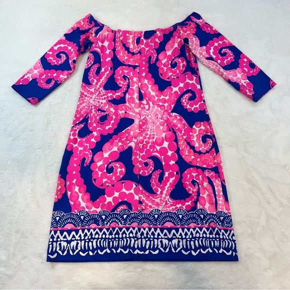 Lilly Pulitzer Off Shoulder Laurana Dress Sz XS Ikat Blue Mocean Engineered - Picture 6 of 12